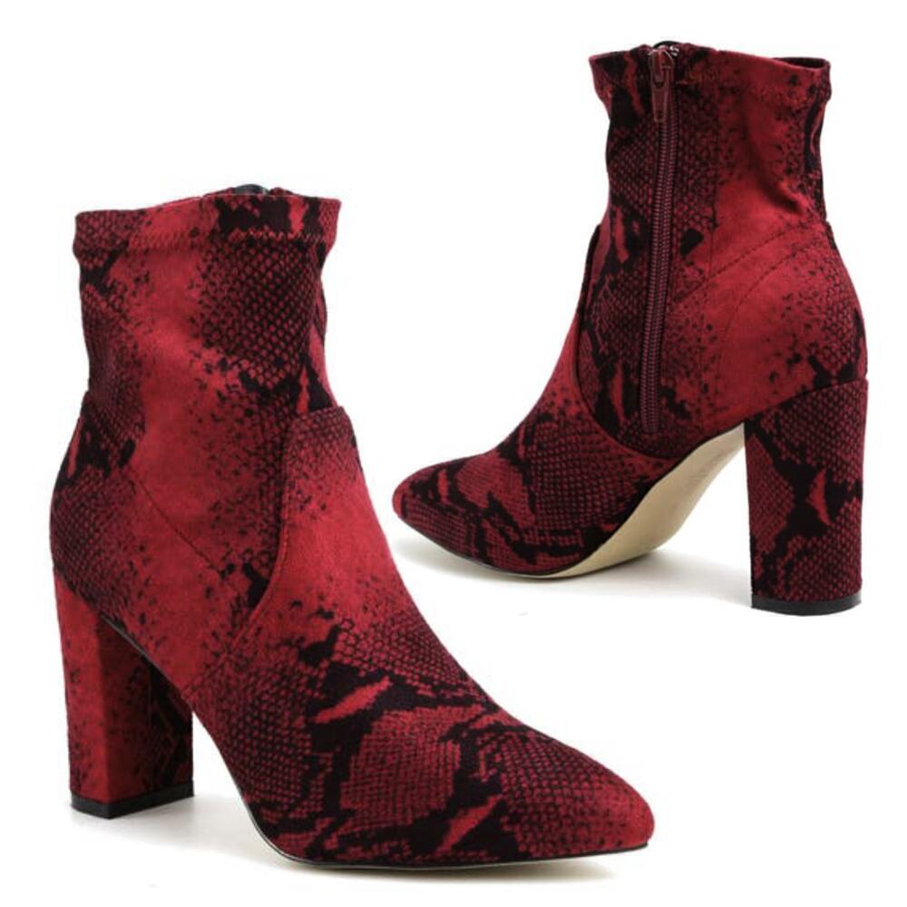 Catherine Malandrino Bodem Faux Suede Block Heel Snake Print Stretch Bootie